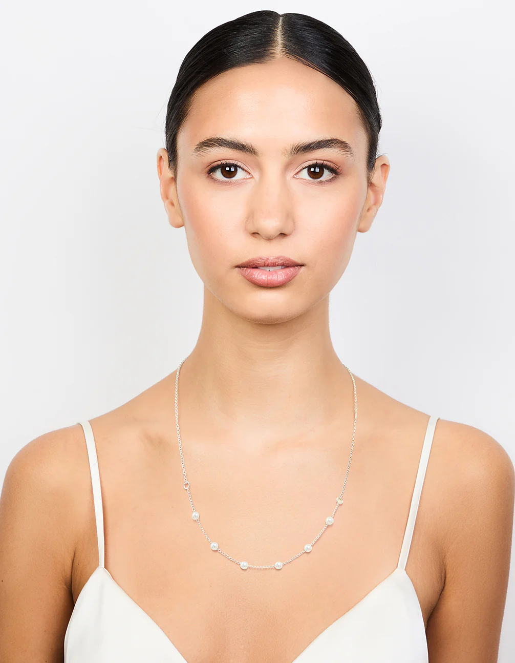 Silver Dainty Pearl Station Necklace - Image 3
