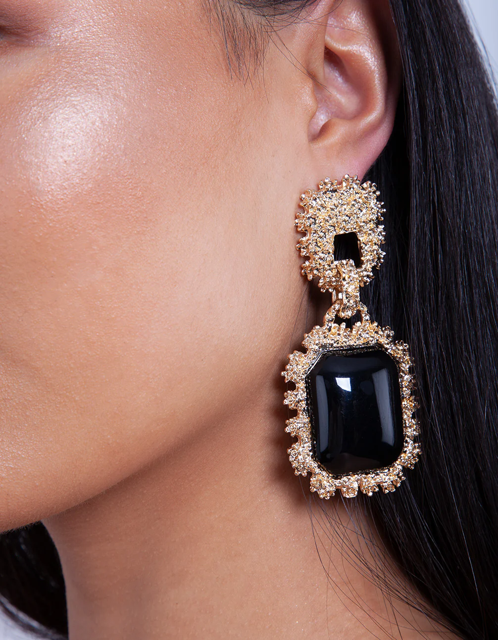 Gold Textured Black Enamel Drop Earrings - Image 3