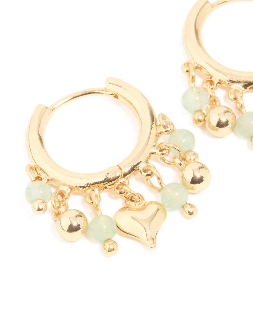 Gold Plated Green Semi Precious Stone Heart Drop Huggie Earrings - Image 3