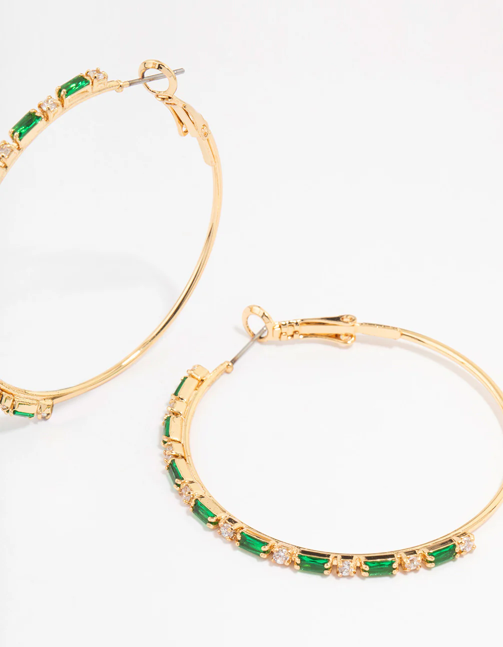 Gold Plated Emerald Round & Baguette Large Hoop Earrings - Image 3