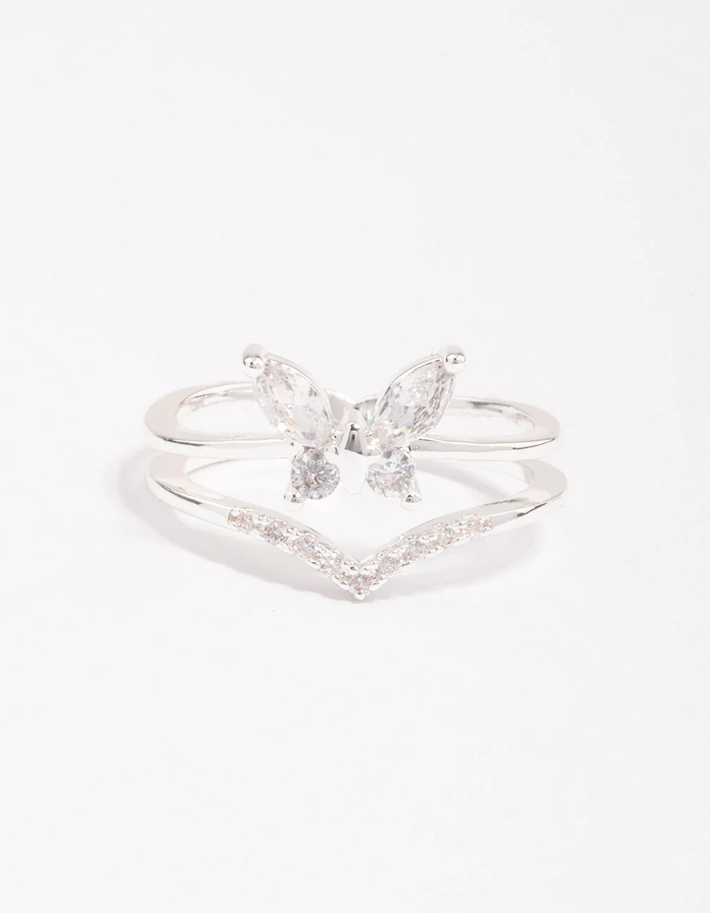 Silver Plated Cubic Zirconia Butterfly Double Band Ring - Image 3
