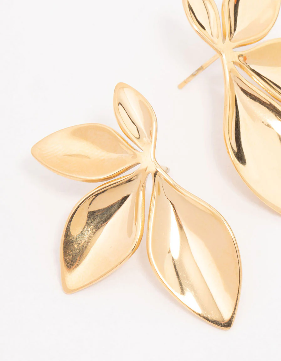 Waterproof Gold Plated Stainless Steel Leaf Cluster Stud Earrings - Image 4